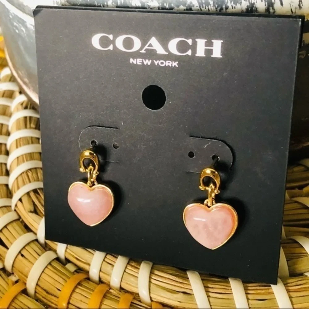 Coach Pink Heart Dangle Earrings Gold Tone Signature NWT - Picture 2 of 2
